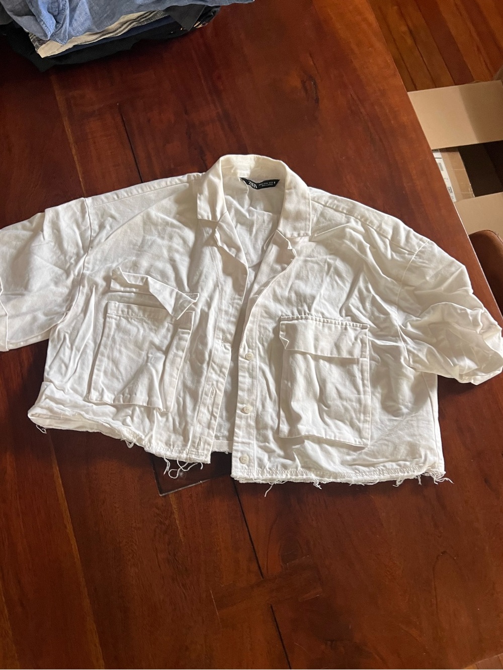 Zara Cropped White Denim Jacket | Medium | Cotton Blend